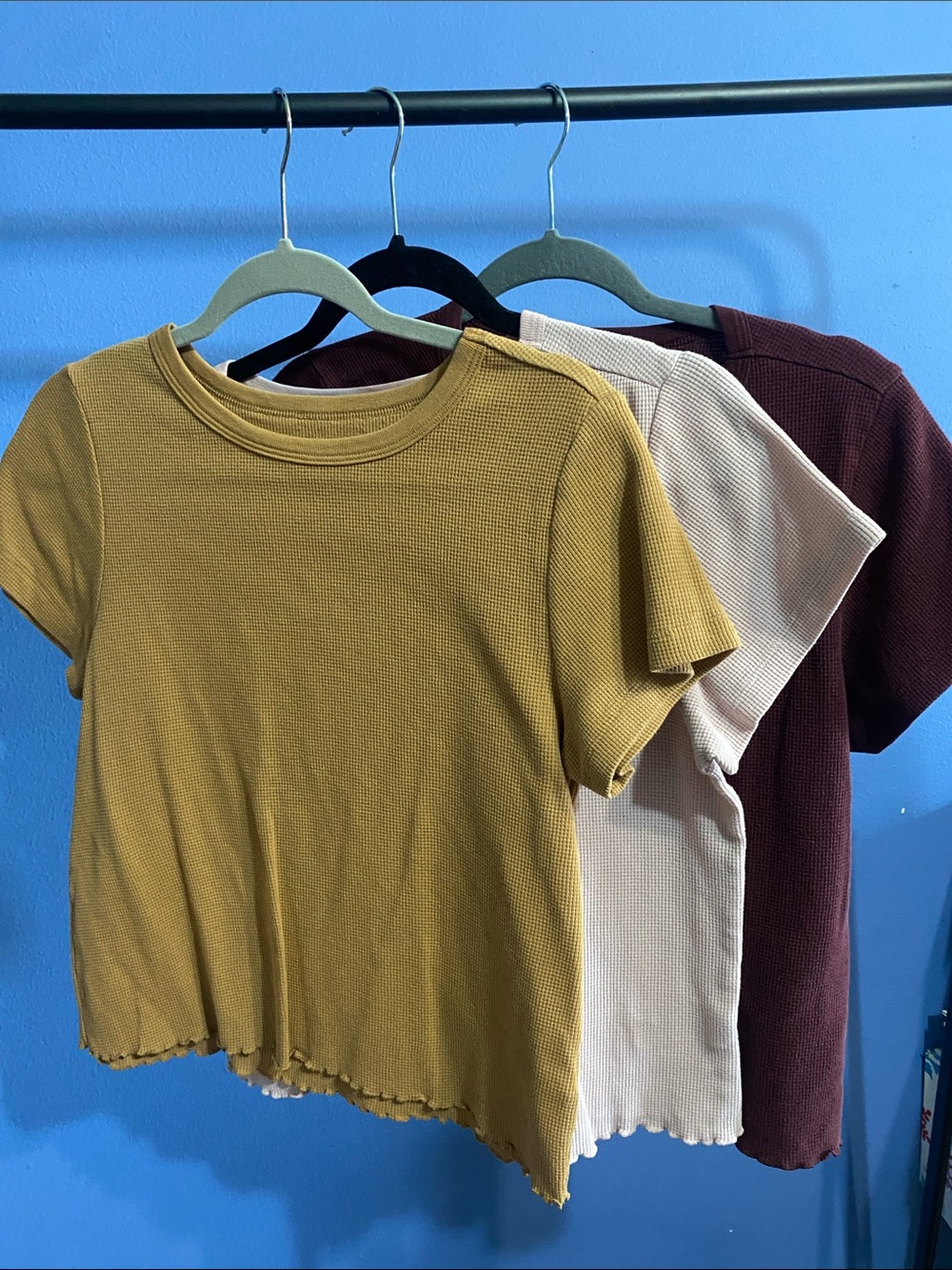 Three Waffle Knit Crop Tees - Mustard, Pink & Burgundy